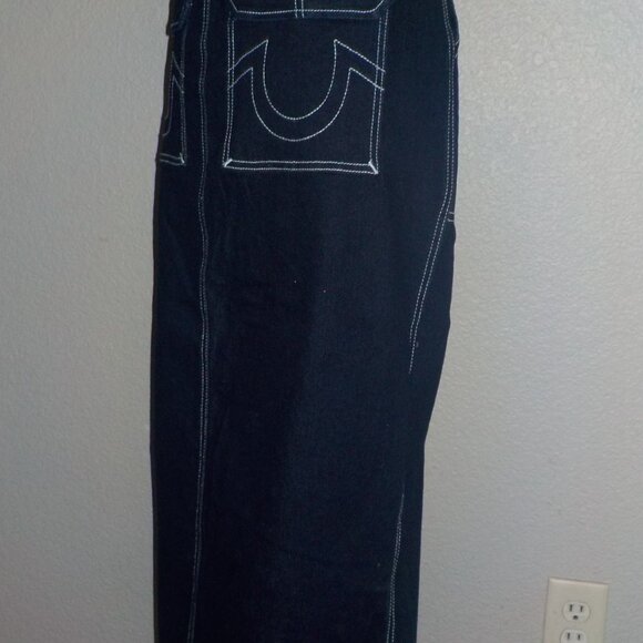 TRUE RELIGION WOMENS SIZES CARGO DARK WASH WHITE TOP STITCHED MAXI DENIM SKIRT - Picture 5 of 11